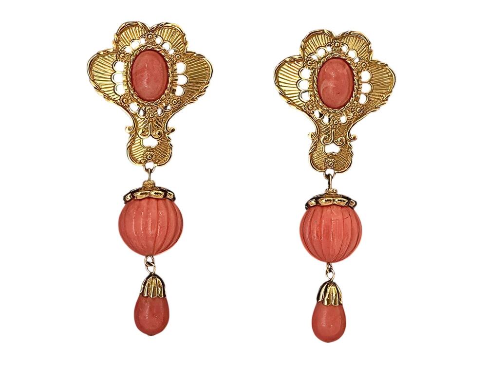 1990s Jose Maria Barrera Avon Gold Plate Simulated Coral Dangle Clip Earrings